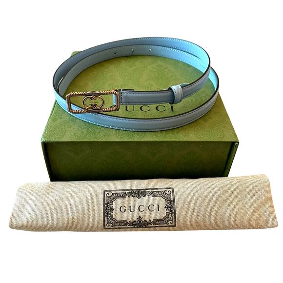 GUCCI Women\'s Thin Belt w/ Interlocking G Buckle Light Blue Leather SZ 90cm NEW main image 6